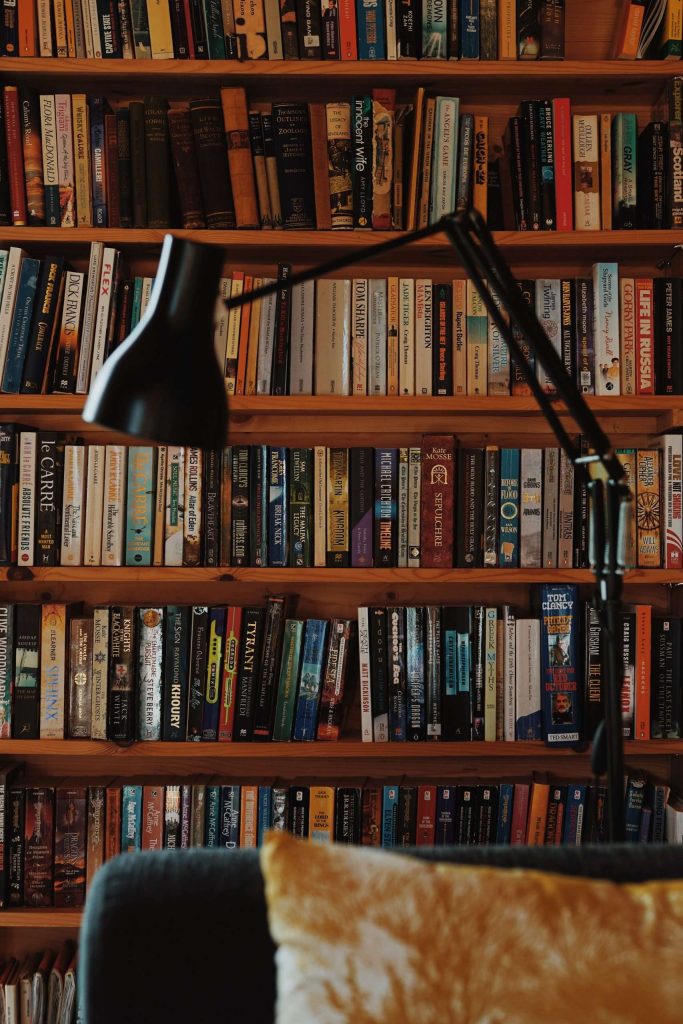 A closeup shot of the reading nook, showcasing the wide array of literature on offer in the accommodation. 